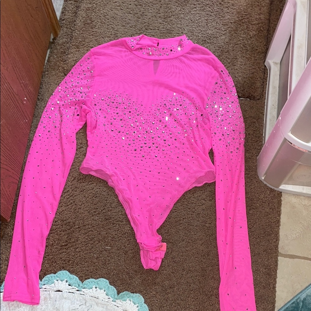 Pink Rhinestone Long Sleeve Bodysuit